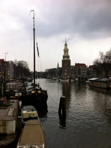 Look!  There's a boat!  There's a canal!  There's an old building in the background!  Amsterdam!